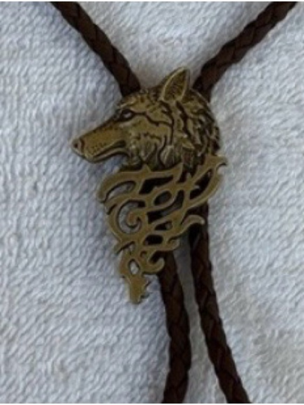 Antique Bronze Wolf Head Bolo Tie Western Cowboy Statement Necklace